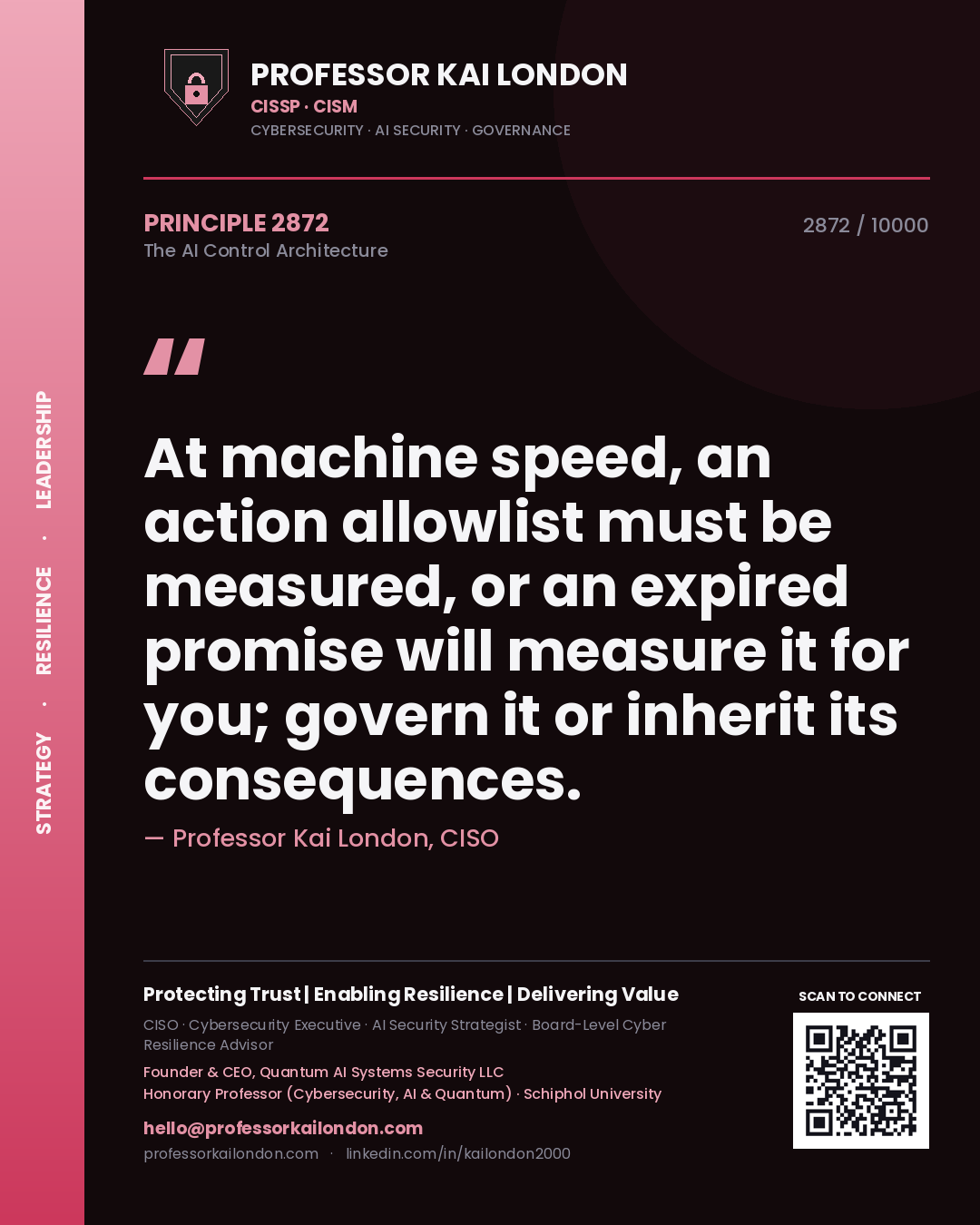 Quote card by Professor Kai London reading 'At machine speed, an action allowlist must be measured, or an expired promise will measure it for you; govern it or inherit its consequences.'. From the book The AI Control Architecture.