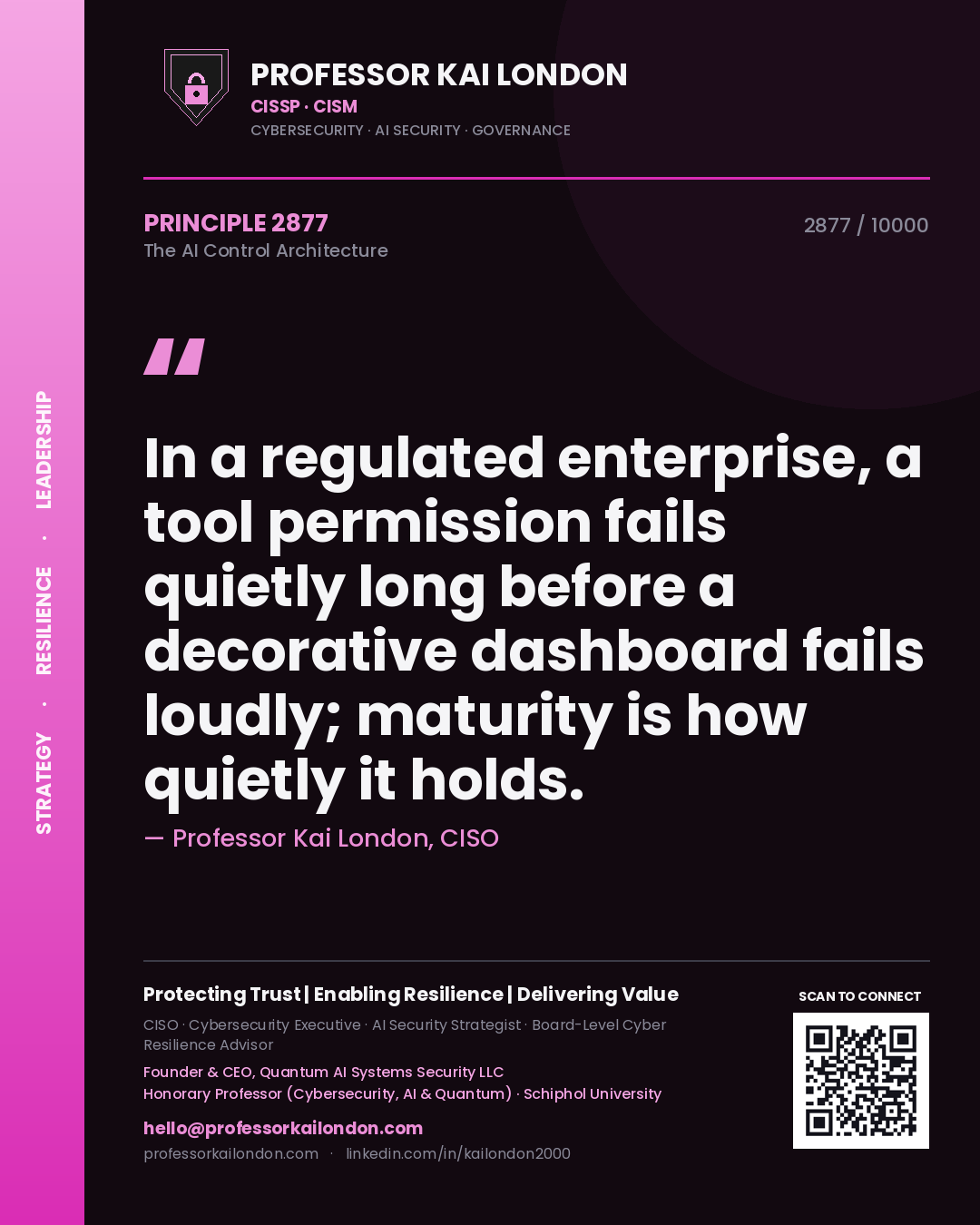 Professor Kai London principle 2877: In a regulated enterprise, a tool permission fails quietly long before a decorative dashboard fails loudly; maturity is how quietly it holds.