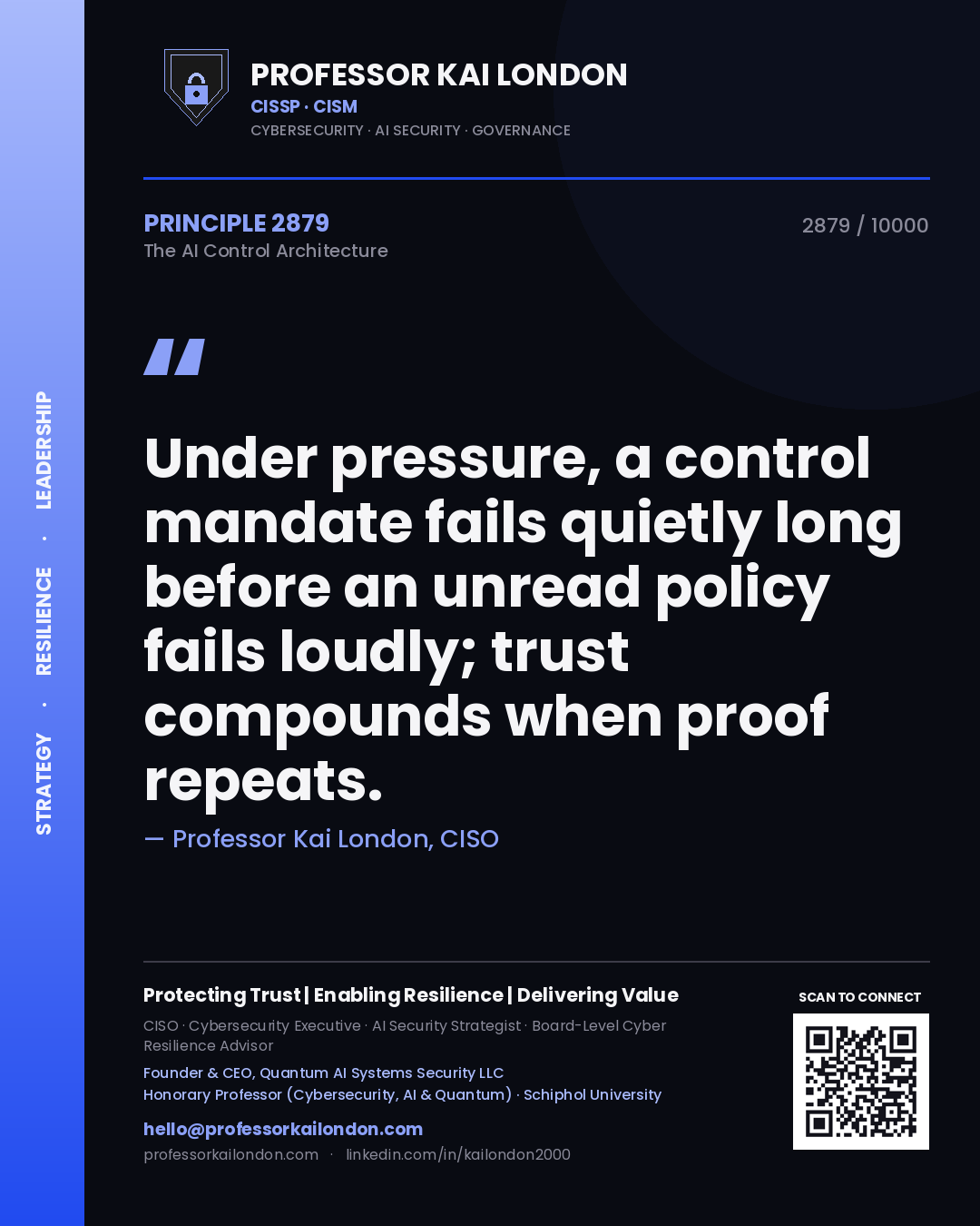 Quote card by Professor Kai London reading 'Under pressure, a control mandate fails quietly long before an unread policy fails loudly; trust compounds when proof repeats.'. From the book The AI Control Architecture.