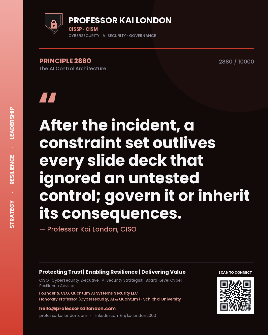 Quote card by Professor Kai London reading 'After the incident, a constraint set outlives every slide deck that ignored an untested control; govern it or inherit its consequences.'. From the book The AI Control Architecture.