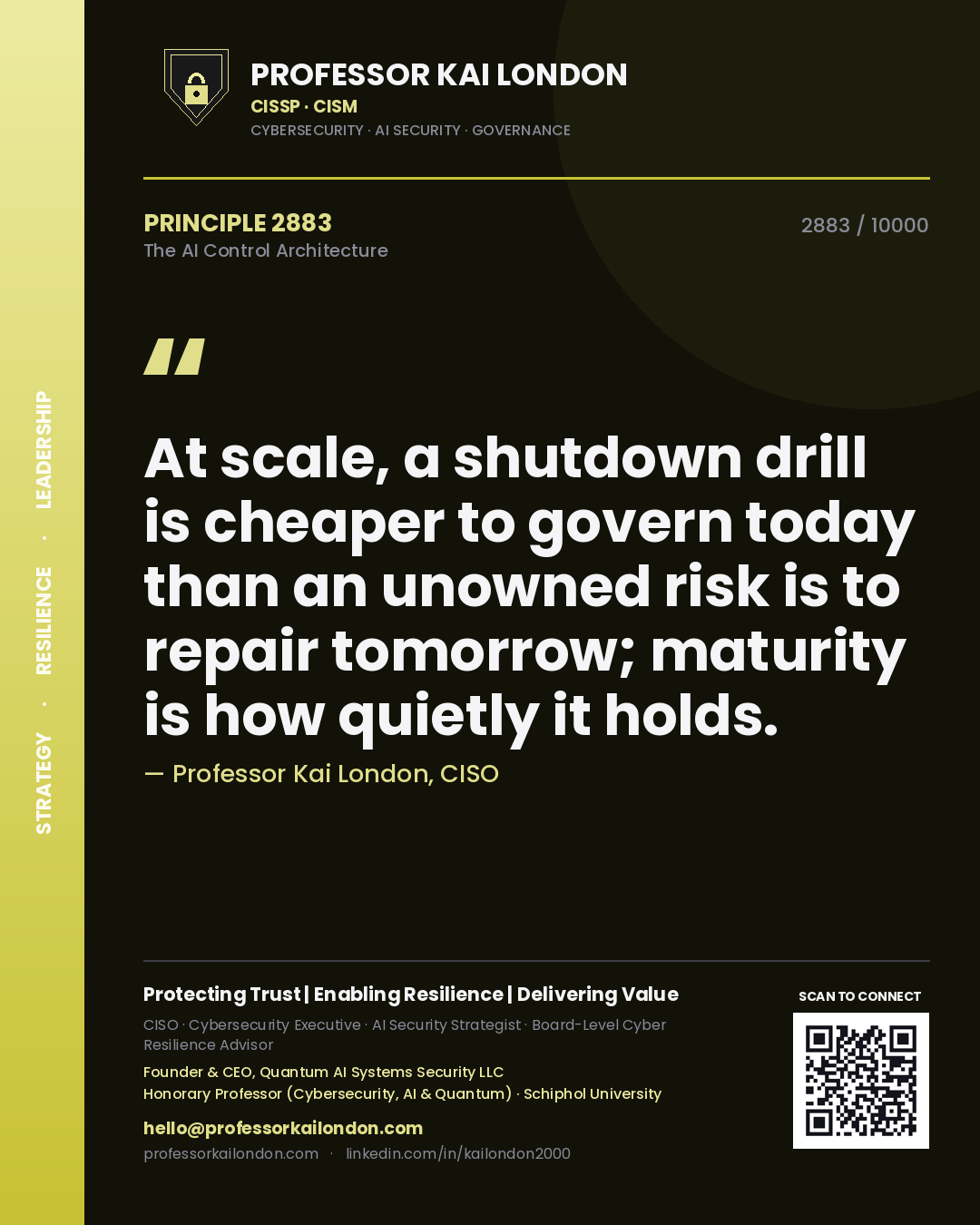 Quote card by Professor Kai London reading 'At scale, a shutdown drill is cheaper to govern today than an unowned risk is to repair tomorrow; maturity is how quietly it holds.'. From the book The AI Control Architecture.