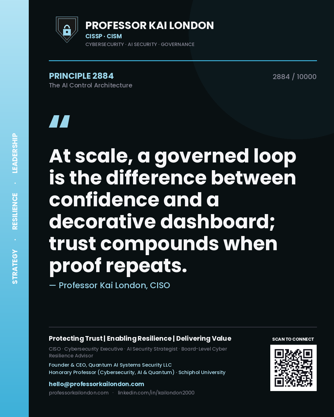 Quote card by Professor Kai London reading 'At scale, a governed loop is the difference between confidence and a decorative dashboard; trust compounds when proof repeats.'. From the book The AI Control Architecture.