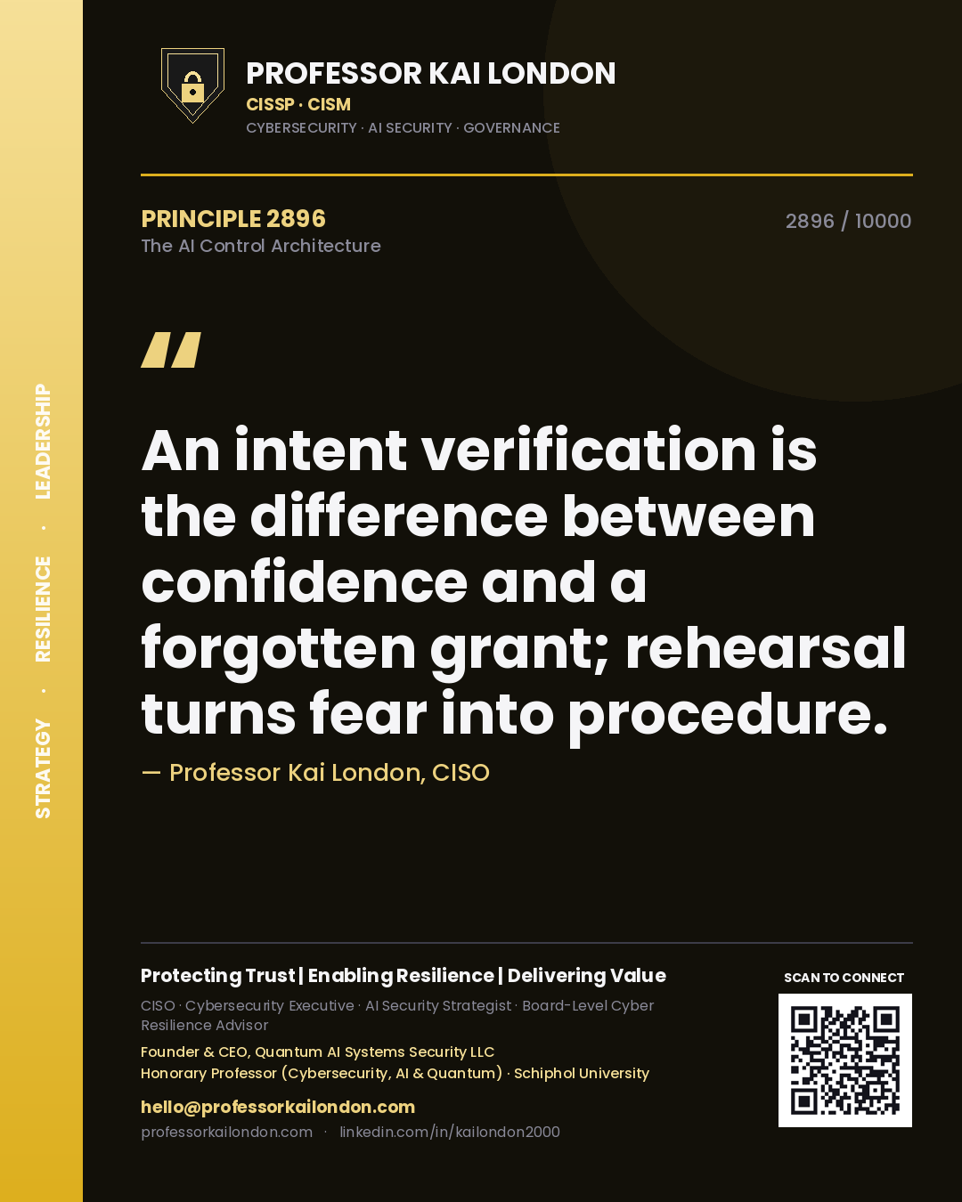 Quote card by Professor Kai London reading 'An intent verification is the difference between confidence and a forgotten grant; rehearsal turns fear into procedure.'. From the book The AI Control Architecture.