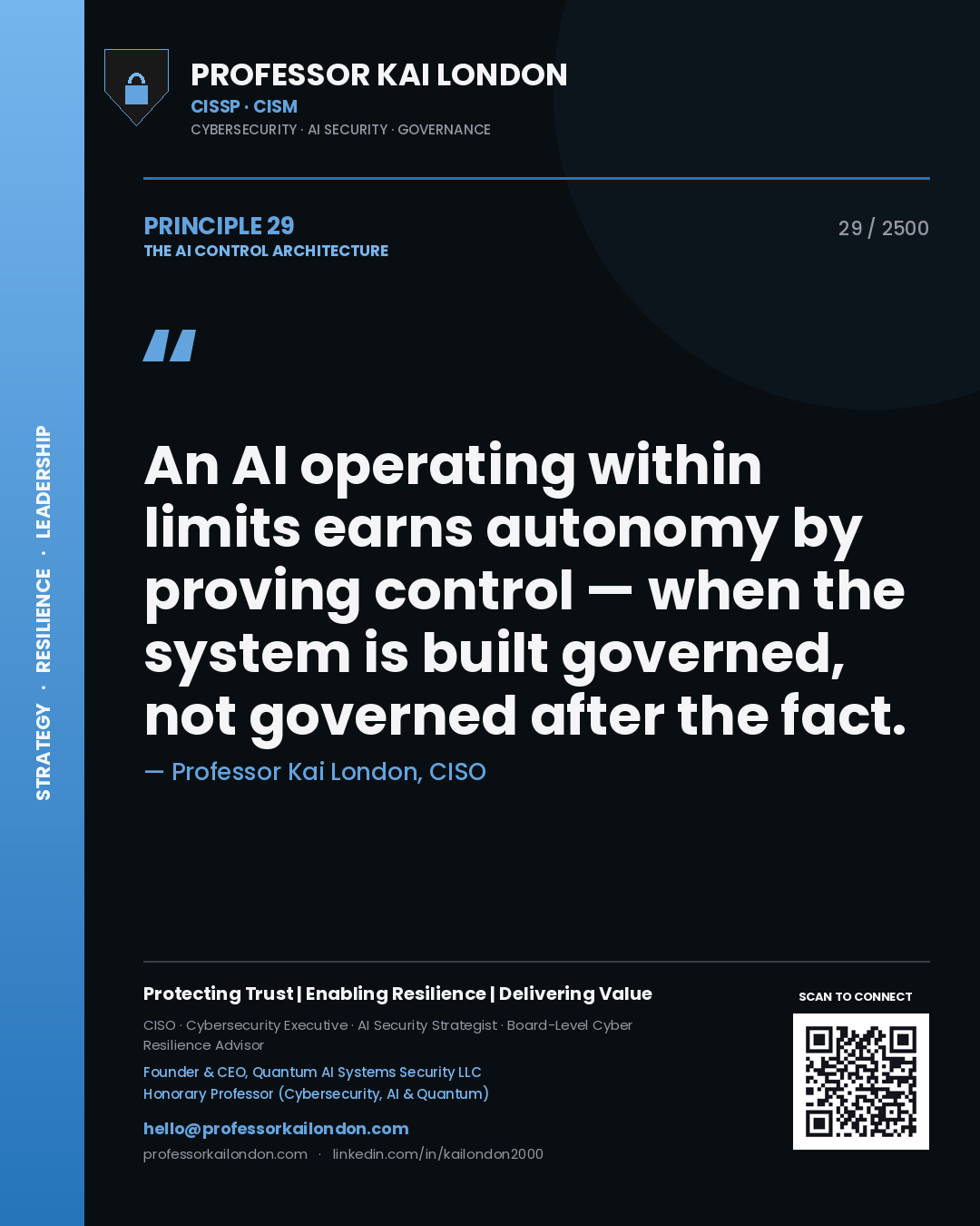 Quote card by Professor Kai London reading 'An AI operating within limits earns autonomy by proving control — when the system is built governed, not governed after the fact.'. From the book The AI Control Architecture.