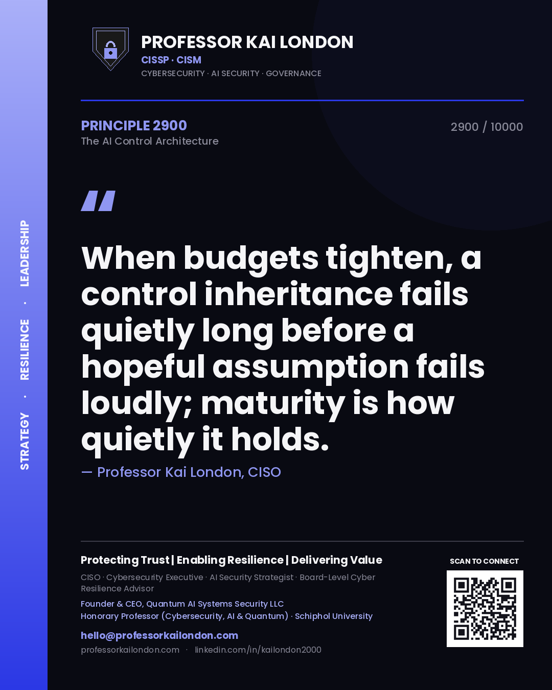 Quote card by Professor Kai London reading 'When budgets tighten, a control inheritance fails quietly long before a hopeful assumption fails loudly; maturity is how quietly it holds.'. From the book The AI Control Architecture.