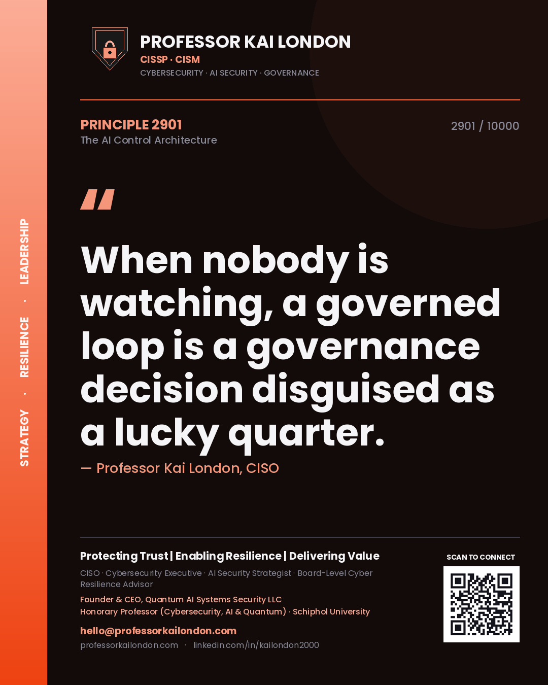 Quote card by Professor Kai London reading 'When nobody is watching, a governed loop is a governance decision disguised as a lucky quarter.'. From the book The AI Control Architecture.