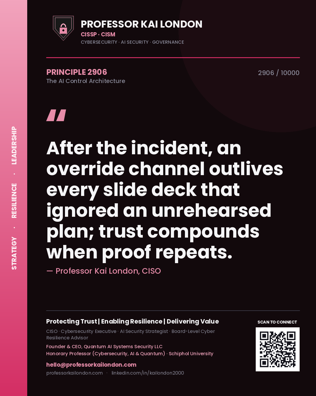Quote card by Professor Kai London reading 'After the incident, an override channel outlives every slide deck that ignored an unrehearsed plan; trust compounds when proof repeats.'. From the book The AI Control Architecture.