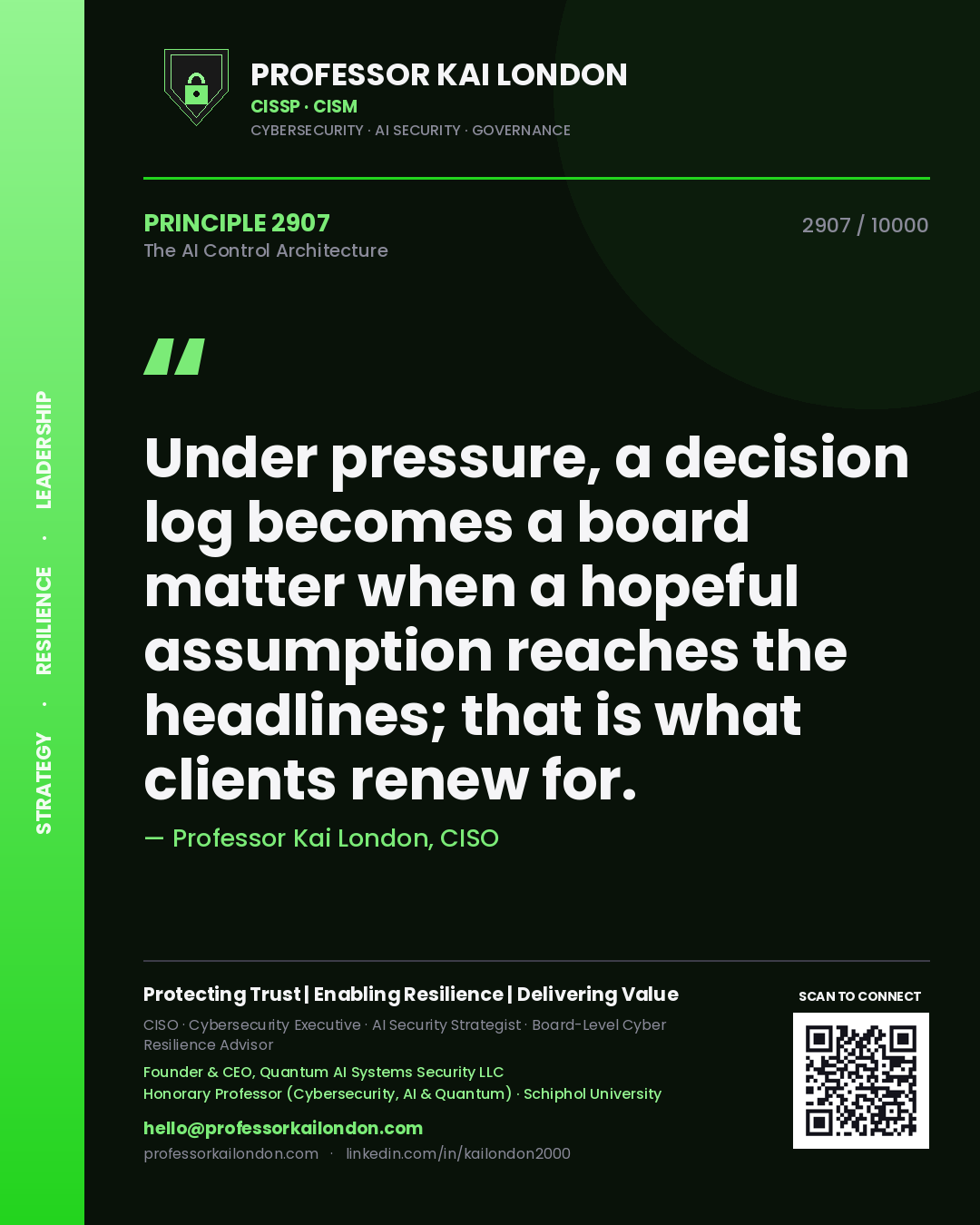 Professor Kai London principle 2907: Under pressure, a decision log becomes a board matter when a hopeful assumption reaches the headlines; that is what clients renew for.