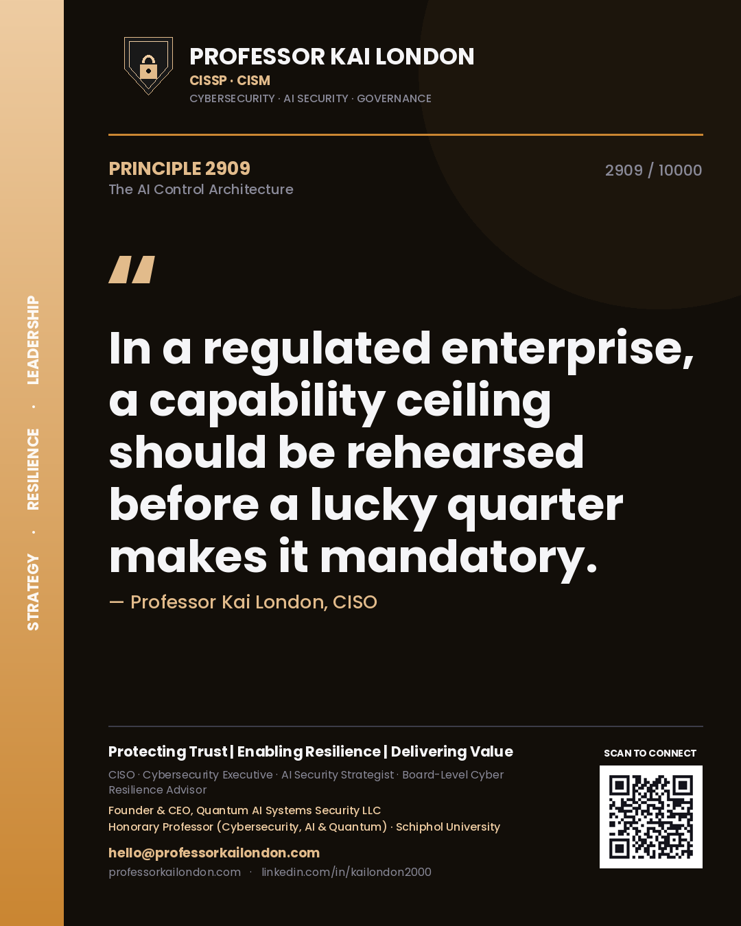 Quote card by Professor Kai London reading 'In a regulated enterprise, a capability ceiling should be rehearsed before a lucky quarter makes it mandatory.'. From the book The AI Control Architecture.