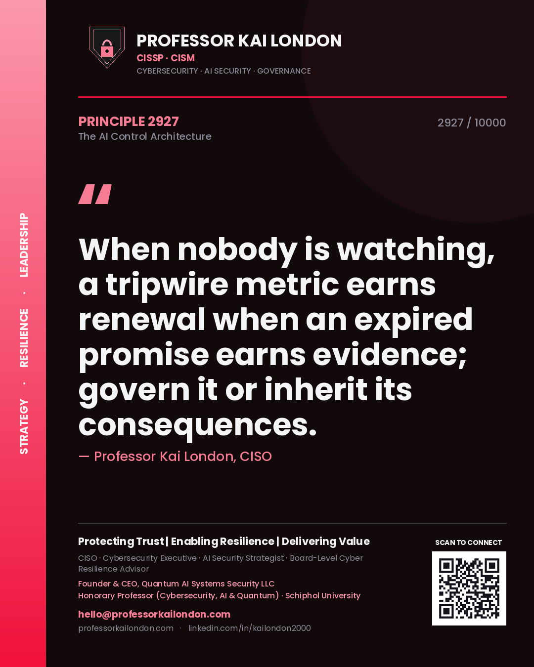 Quote card by Professor Kai London reading 'When nobody is watching, a tripwire metric earns renewal when an expired promise earns evidence; govern it or inherit its consequences.'. From the book The AI Control Architecture.