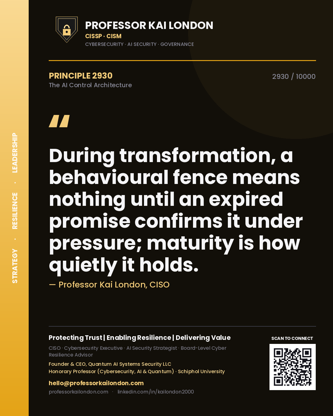 Quote card by Professor Kai London reading 'During transformation, a behavioural fence means nothing until an expired promise confirms it under pressure; maturity is how quietly it holds.'. From the book The AI Control Architecture.