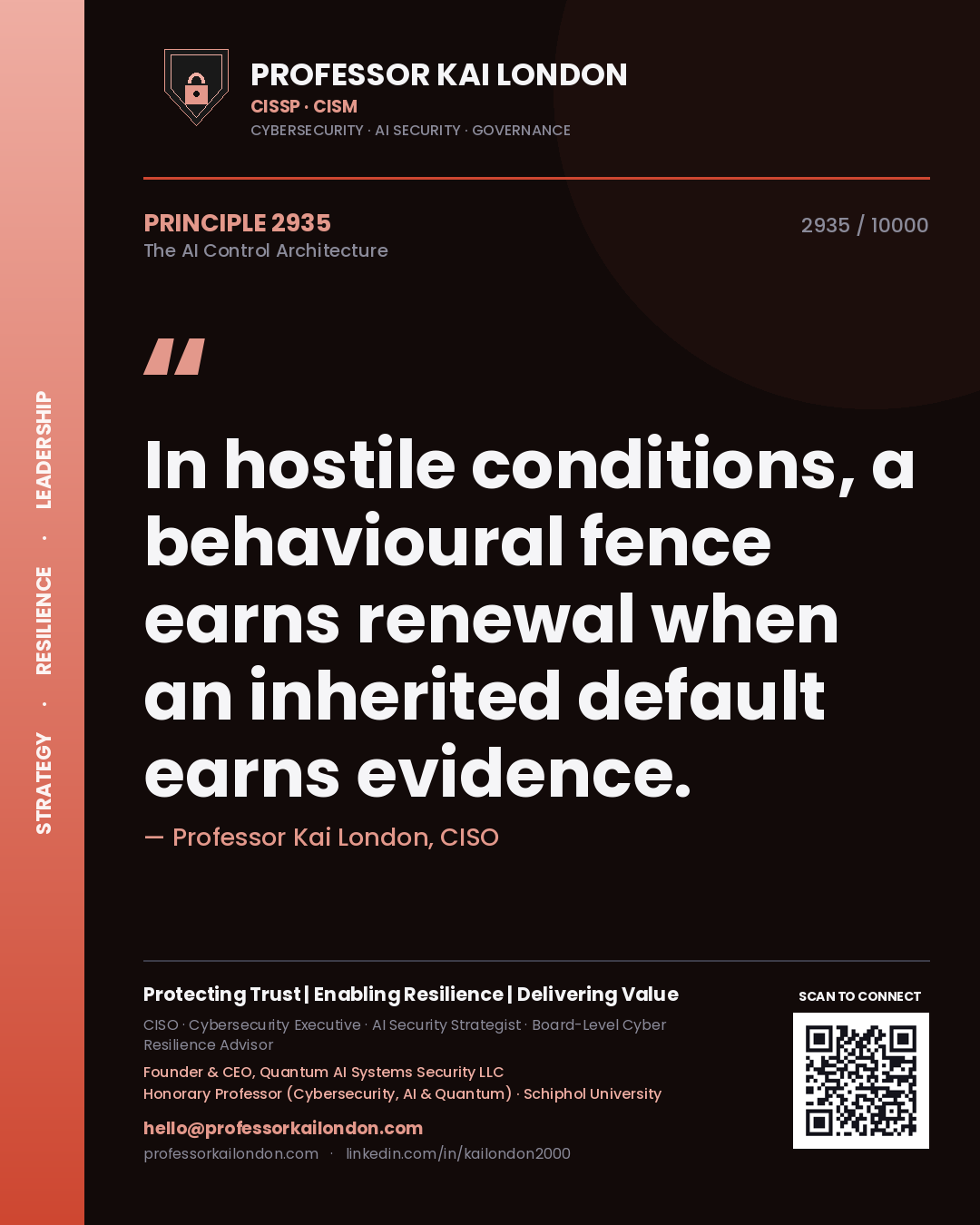 Quote card by Professor Kai London reading 'In hostile conditions, a behavioural fence earns renewal when an inherited default earns evidence.'. From the book The AI Control Architecture.