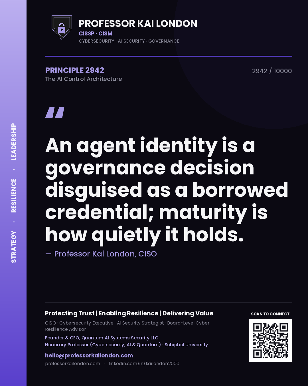 Professor Kai London principle 2942: An agent identity is a governance decision disguised as a borrowed credential; maturity is how quietly it holds.