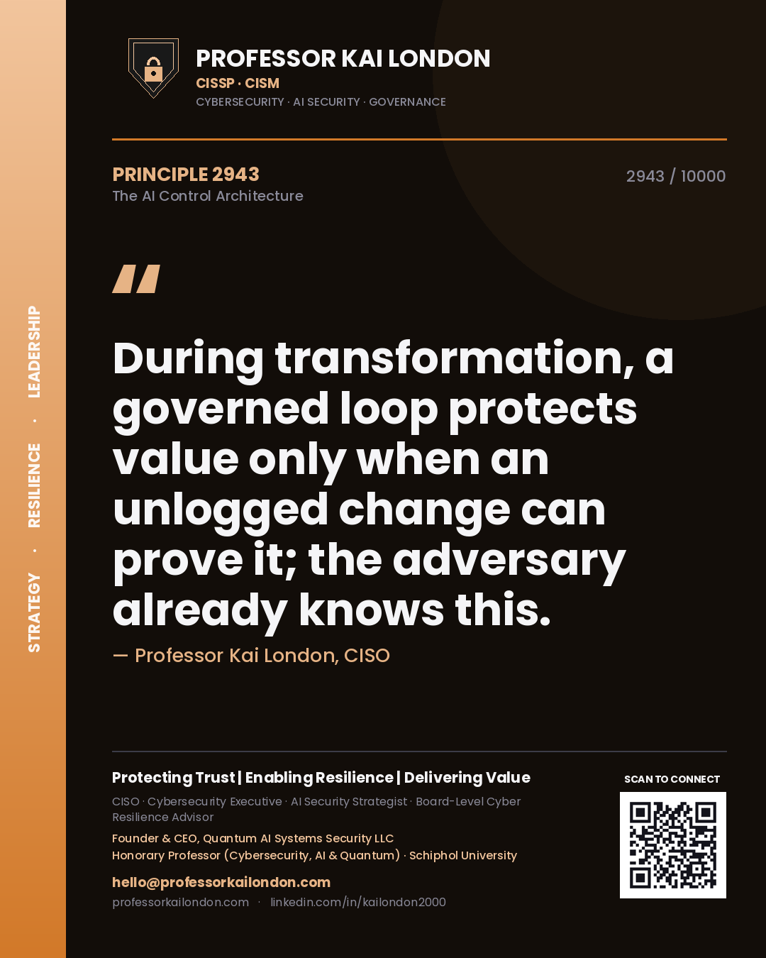 Quote card by Professor Kai London reading 'During transformation, a governed loop protects value only when an unlogged change can prove it; the adversary already knows this.'. From the book The AI Control Architecture.