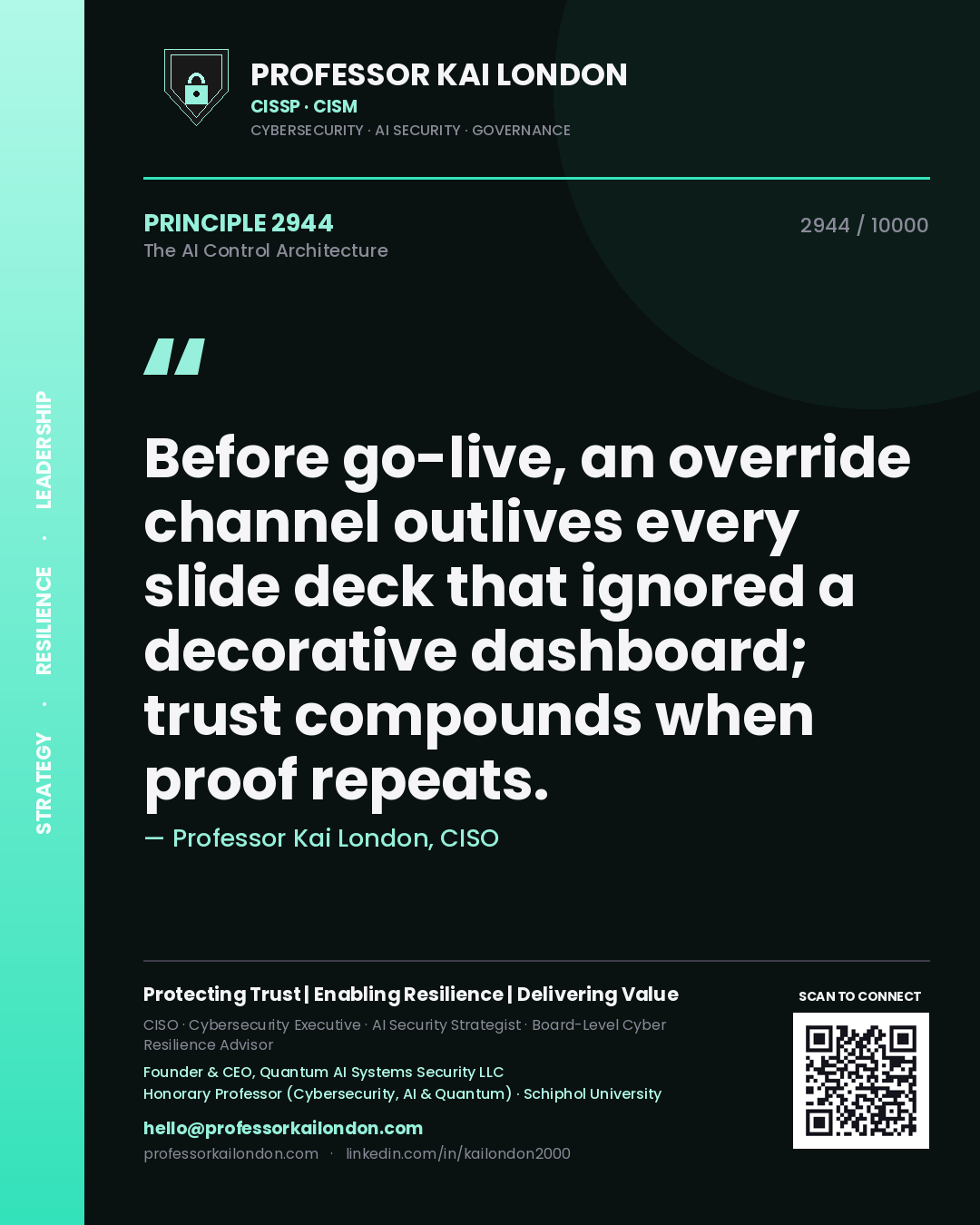 Professor Kai London principle 2944: Before go-live, an override channel outlives every slide deck that ignored a decorative dashboard; trust compounds when proof repeats.