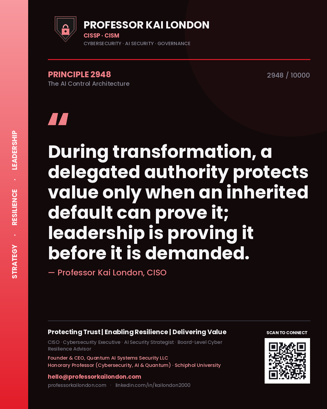 Quote card by Professor Kai London reading 'During transformation, a delegated authority protects value only when an inherited default can prove it; leadership is proving it before it is demanded.'. From the book The AI Control Architecture.
