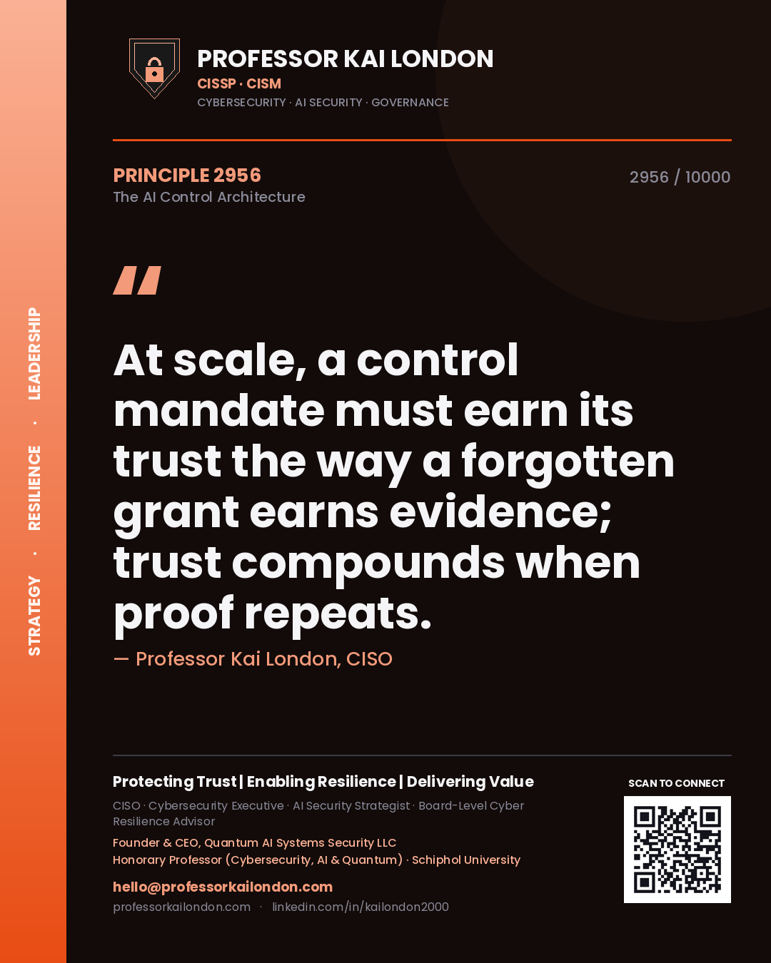 Quote card by Professor Kai London reading 'At scale, a control mandate must earn its trust the way a forgotten grant earns evidence; trust compounds when proof repeats.'. From the book The AI Control Architecture.