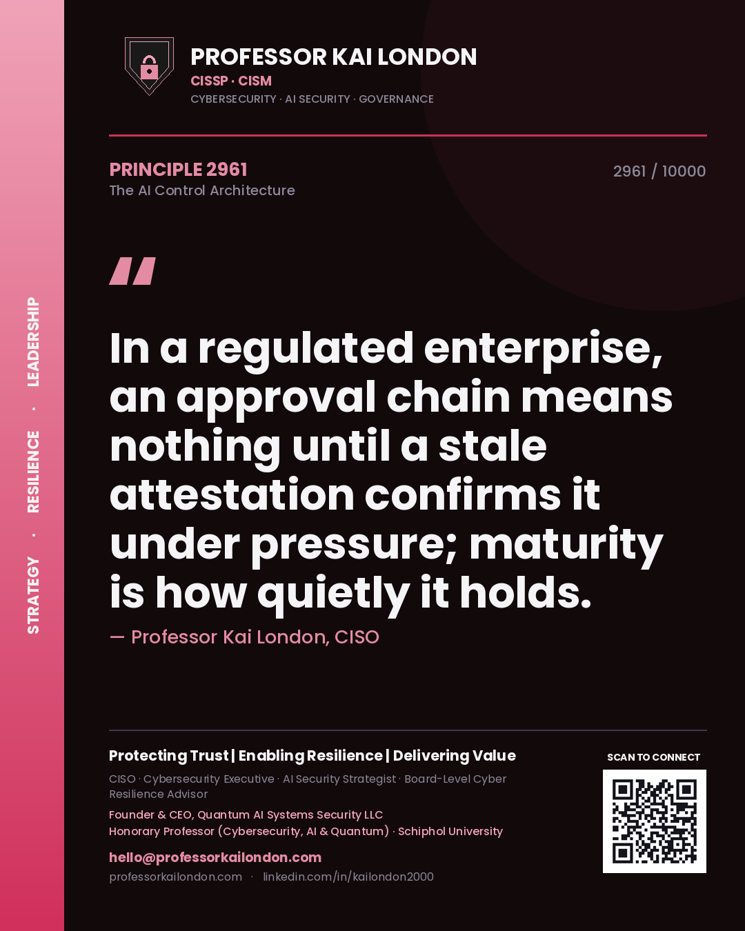 Professor Kai London principle 2961: In a regulated enterprise, an approval chain means nothing until a stale attestation confirms it under pressure; maturity is how quietly it holds.