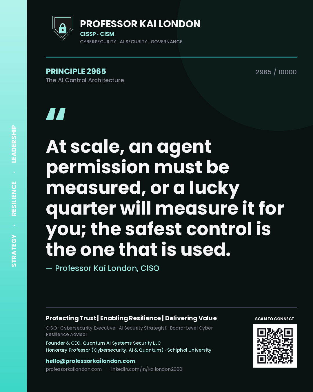 Quote card by Professor Kai London reading 'At scale, an agent permission must be measured, or a lucky quarter will measure it for you; the safest control is the one that is used.'. From the book The AI Control Architecture.