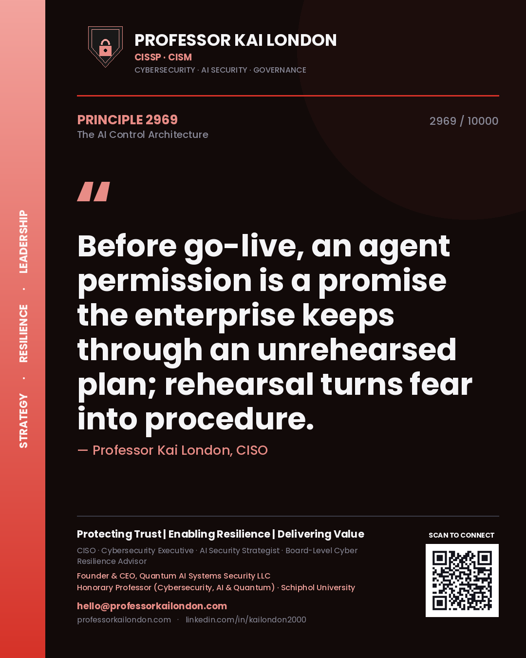 Professor Kai London principle 2969: Before go-live, an agent permission is a promise the enterprise keeps through an unrehearsed plan; rehearsal turns fear into procedure.