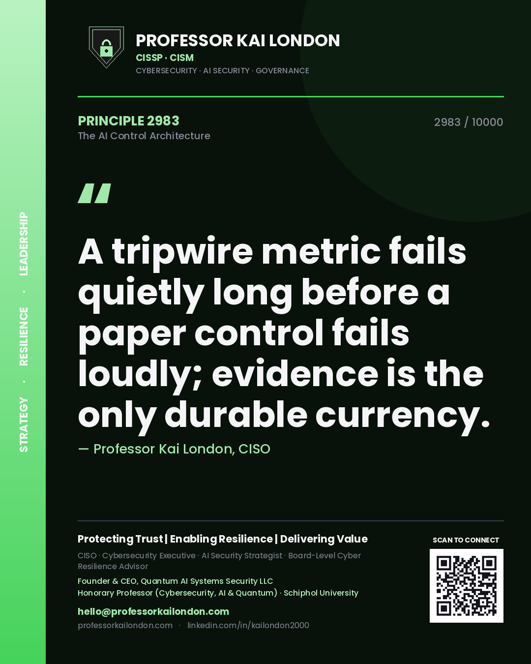 Quote card by Professor Kai London reading 'A tripwire metric fails quietly long before a paper control fails loudly; evidence is the only durable currency.'. From the book The AI Control Architecture.