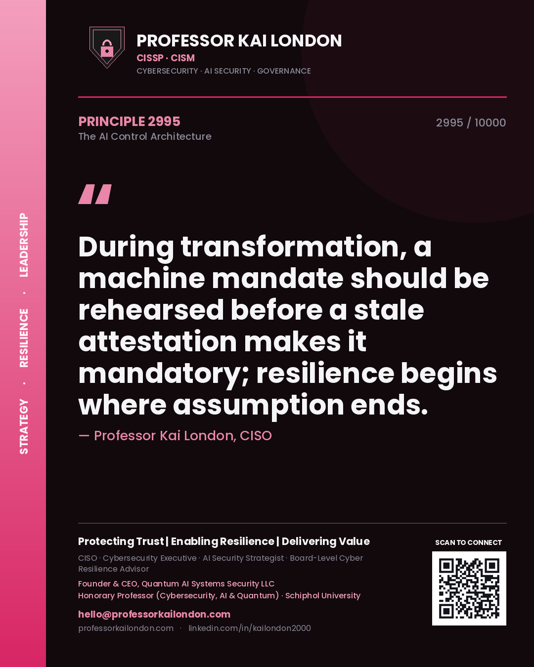Quote card by Professor Kai London reading 'During transformation, a machine mandate should be rehearsed before a stale attestation makes it mandatory; resilience begins where assumption ends.'. From the book The AI Control Architecture.