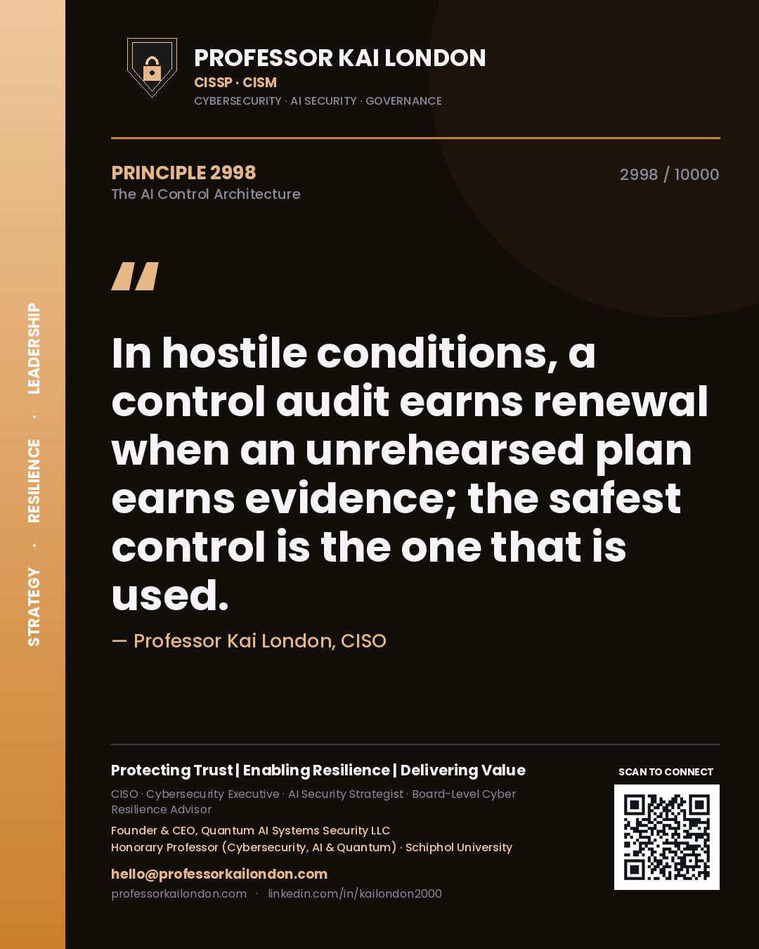 Professor Kai London principle 2998: In hostile conditions, a control audit earns renewal when an unrehearsed plan earns evidence; the safest control is the one that is used.