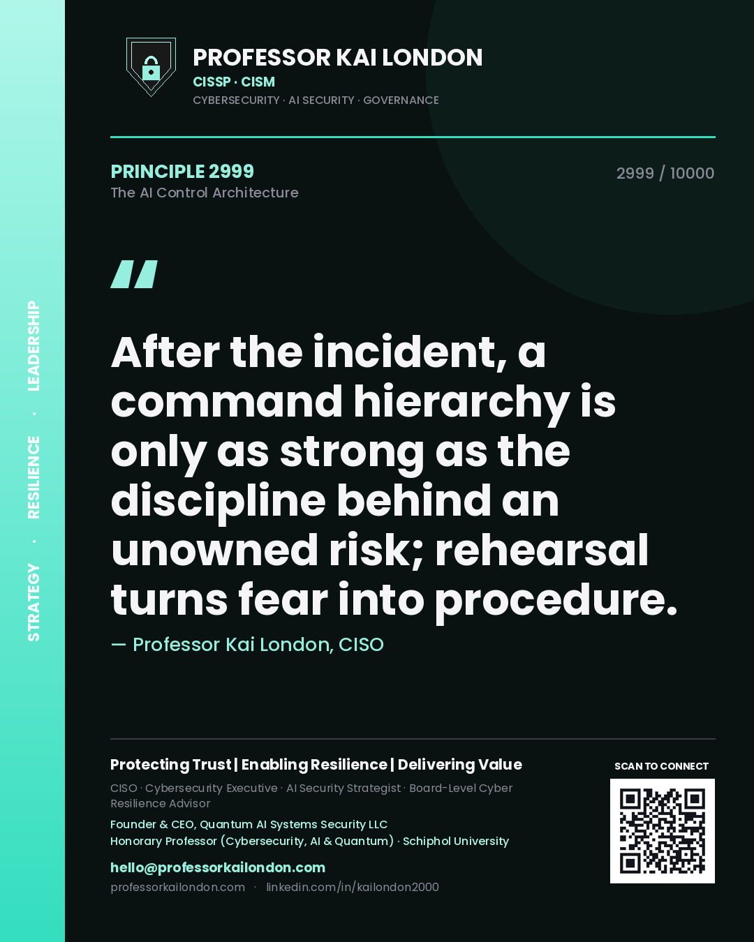 Quote card by Professor Kai London reading 'After the incident, a command hierarchy is only as strong as the discipline behind an unowned risk; rehearsal turns fear into procedure.'. From the book The AI Control Architecture.