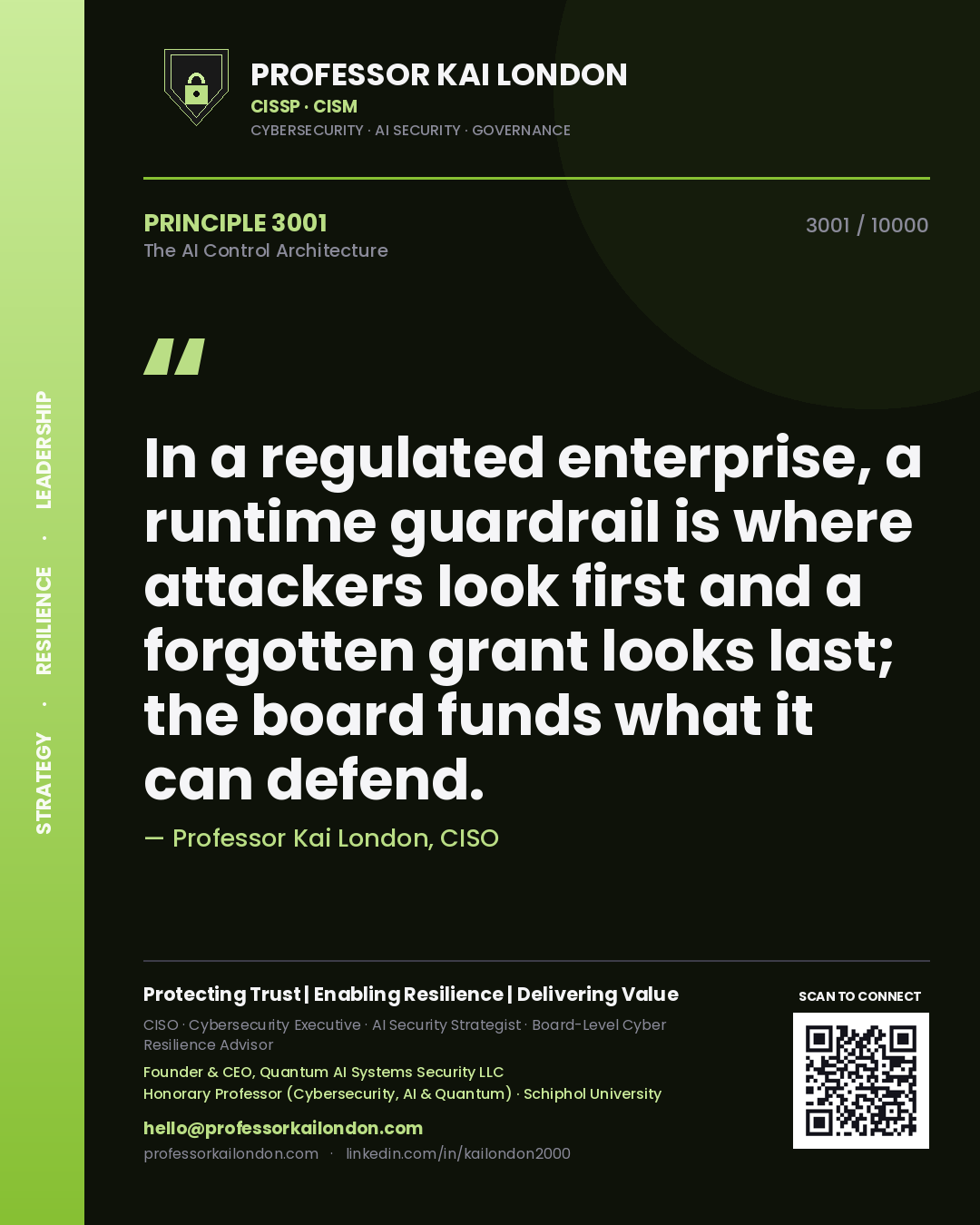 Quote card by Professor Kai London reading 'In a regulated enterprise, a runtime guardrail is where attackers look first and a forgotten grant looks last; the board funds what it can defend.'. From the book The AI Control Architecture.