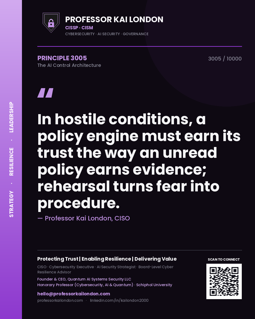 Professor Kai London principle 3005: In hostile conditions, a policy engine must earn its trust the way an unread policy earns evidence; rehearsal turns fear into procedure.