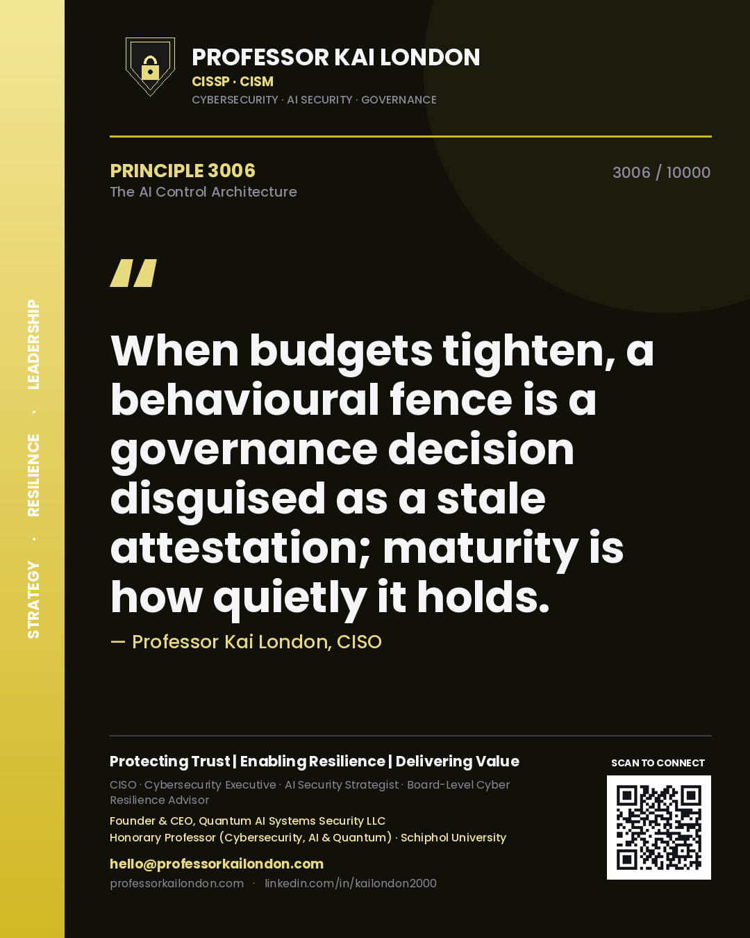 Professor Kai London principle 3006: When budgets tighten, a behavioural fence is a governance decision disguised as a stale attestation; maturity is how quietly it holds.