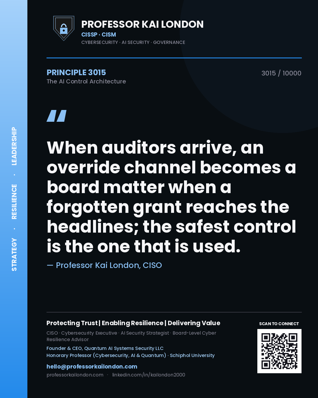 Professor Kai London principle 3015: When auditors arrive, an override channel becomes a board matter when a forgotten grant reaches the headlines; the safest control is the one that is used.