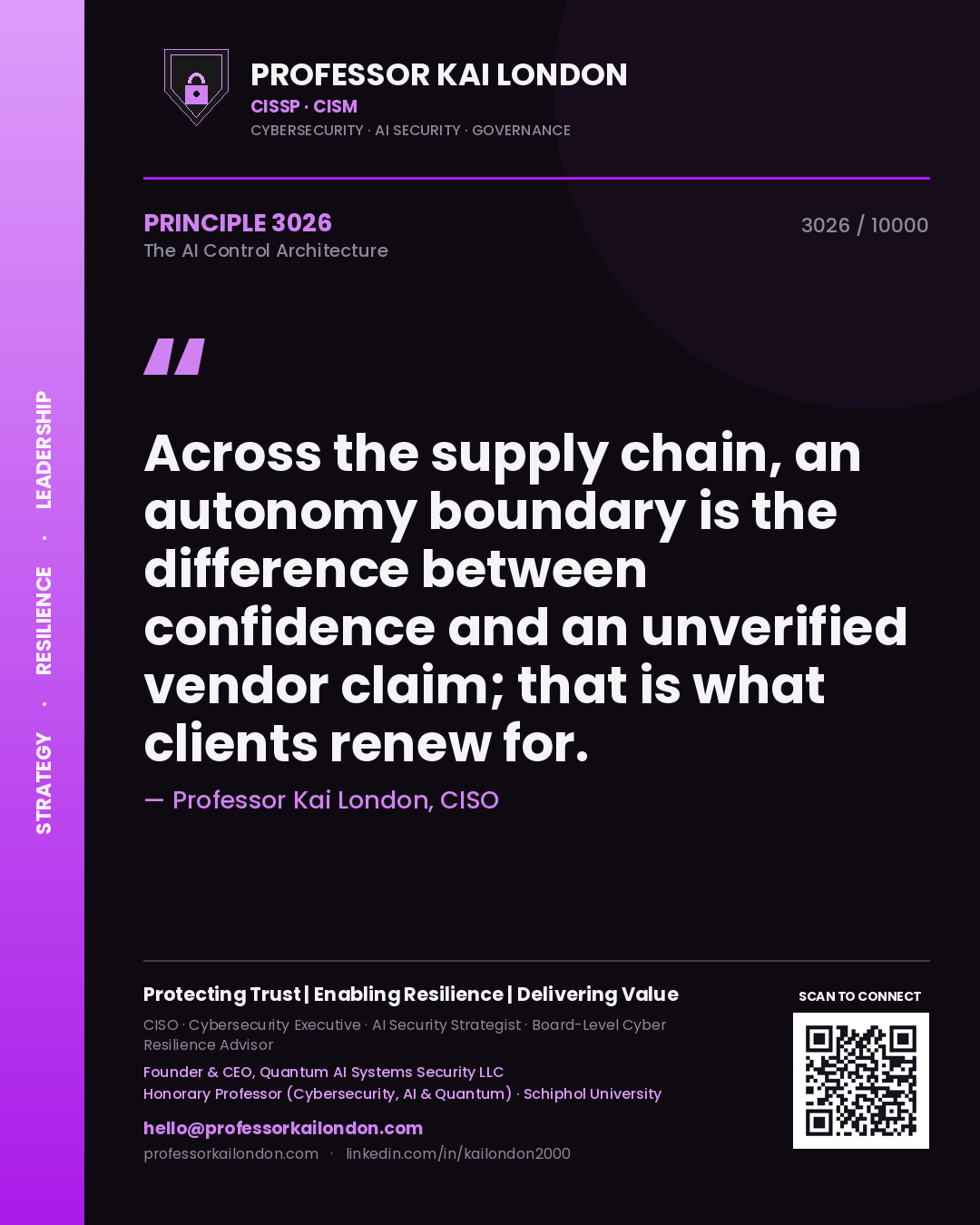 Quote card by Professor Kai London reading 'Across the supply chain, an autonomy boundary is the difference between confidence and an unverified vendor claim; that is what clients renew for.'. From the book The AI Control Architecture.