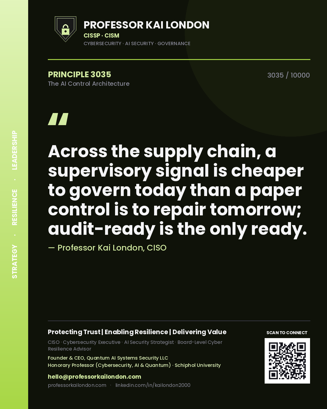 Quote card by Professor Kai London reading 'Across the supply chain, a supervisory signal is cheaper to govern today than a paper control is to repair tomorrow; audit-ready is the only ready.'. From the book The AI Control Architecture.
