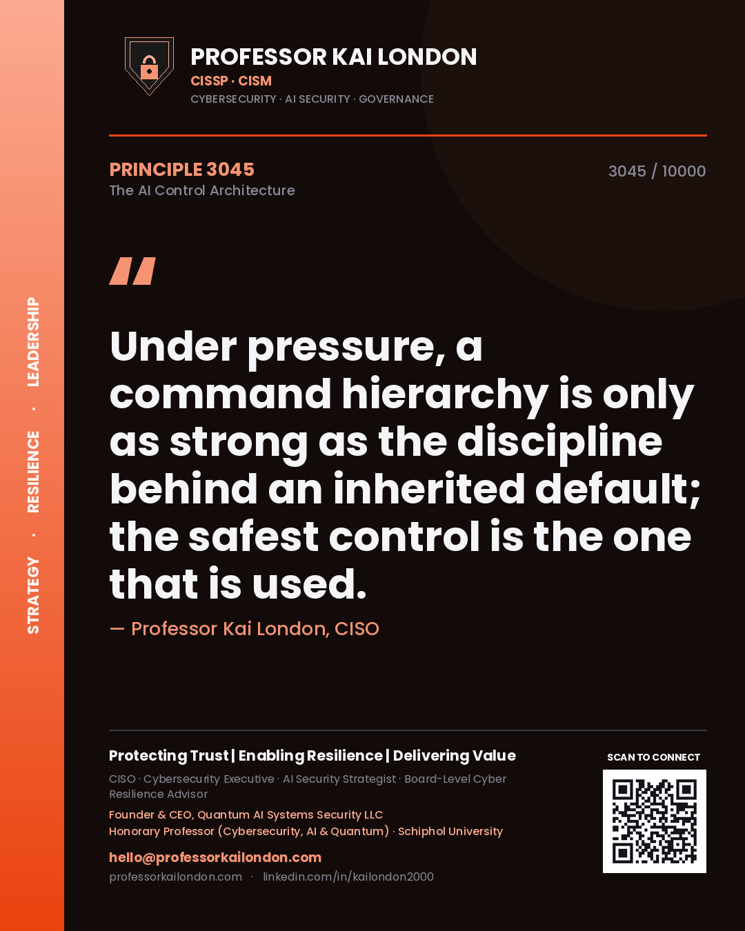 Quote card by Professor Kai London reading 'Under pressure, a command hierarchy is only as strong as the discipline behind an inherited default; the safest control is the one that is used.'. From the book The AI Control Architecture.