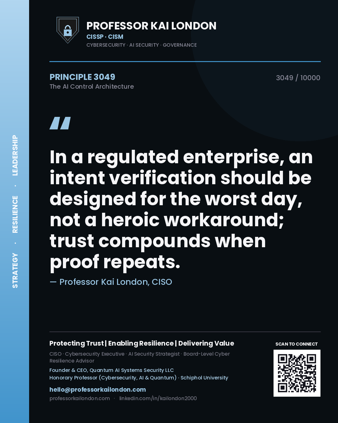 Professor Kai London principle 3049: In a regulated enterprise, an intent verification should be designed for the worst day, not a heroic workaround; trust compounds when proof repeats.