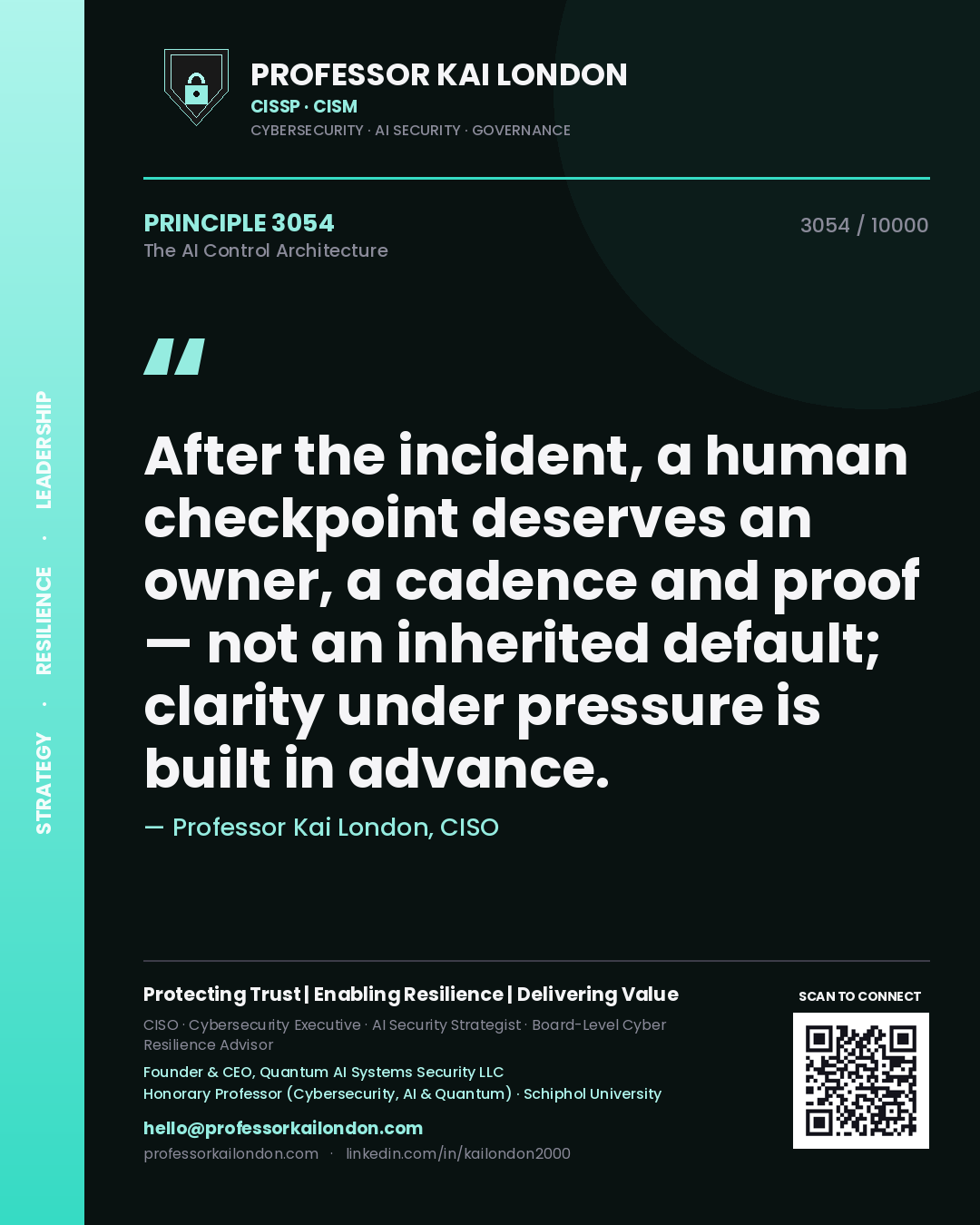 Professor Kai London principle 3054: After the incident, a human checkpoint deserves an owner, a cadence and proof — not an inherited default; clarity under pressure is built in advance.