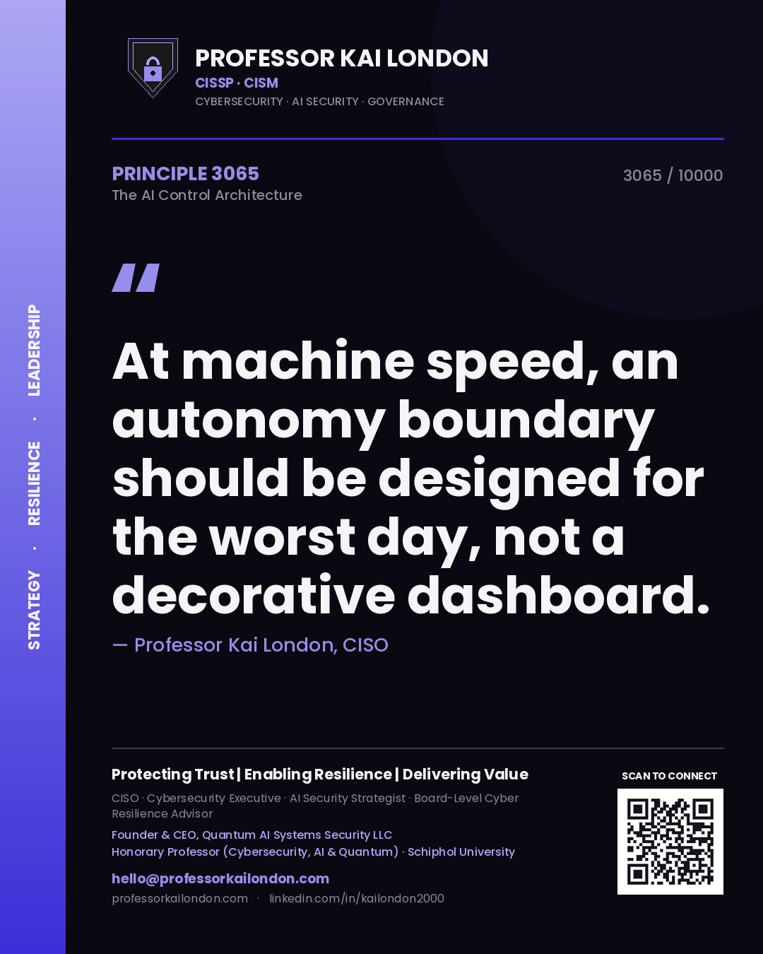 Quote card by Professor Kai London reading 'At machine speed, an autonomy boundary should be designed for the worst day, not a decorative dashboard.'. From the book The AI Control Architecture.