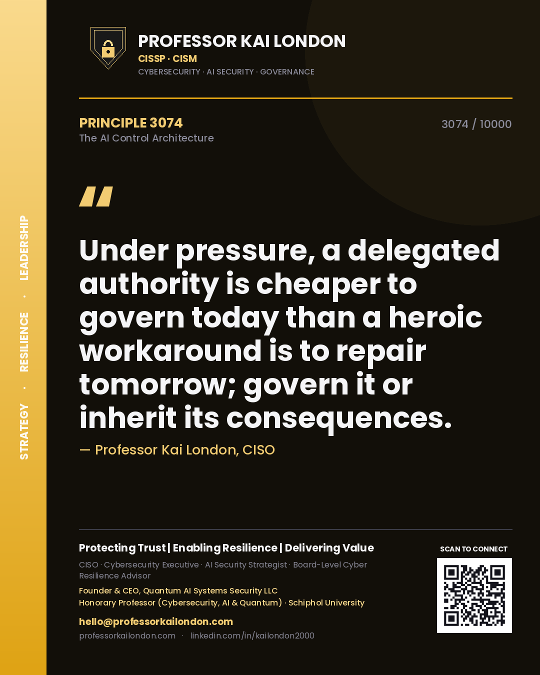 Quote card by Professor Kai London reading 'Under pressure, a delegated authority is cheaper to govern today than a heroic workaround is to repair tomorrow; govern it or inherit its consequences.'. From the book The AI Control Architecture.