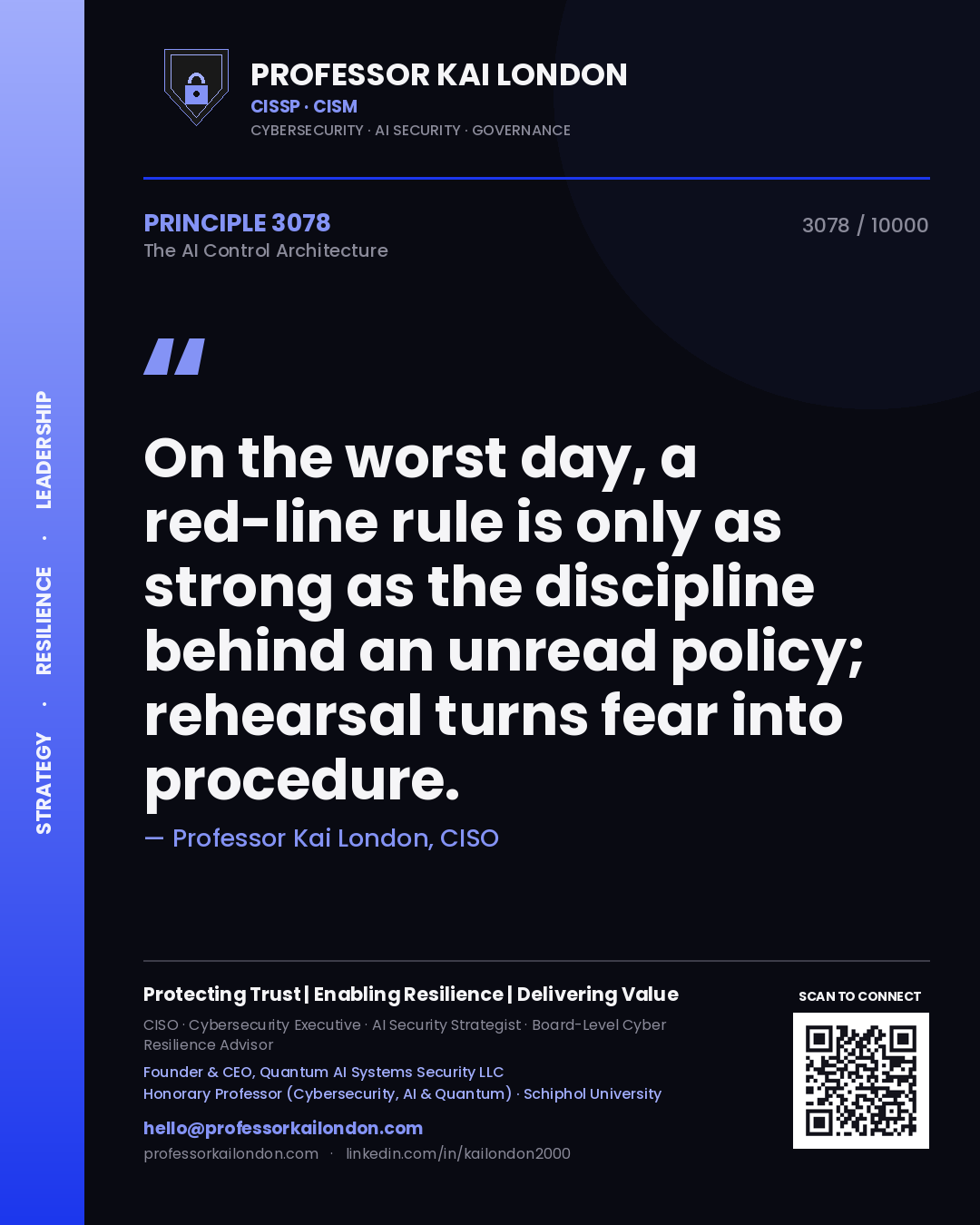 Professor Kai London principle 3078: On the worst day, a red-line rule is only as strong as the discipline behind an unread policy; rehearsal turns fear into procedure.
