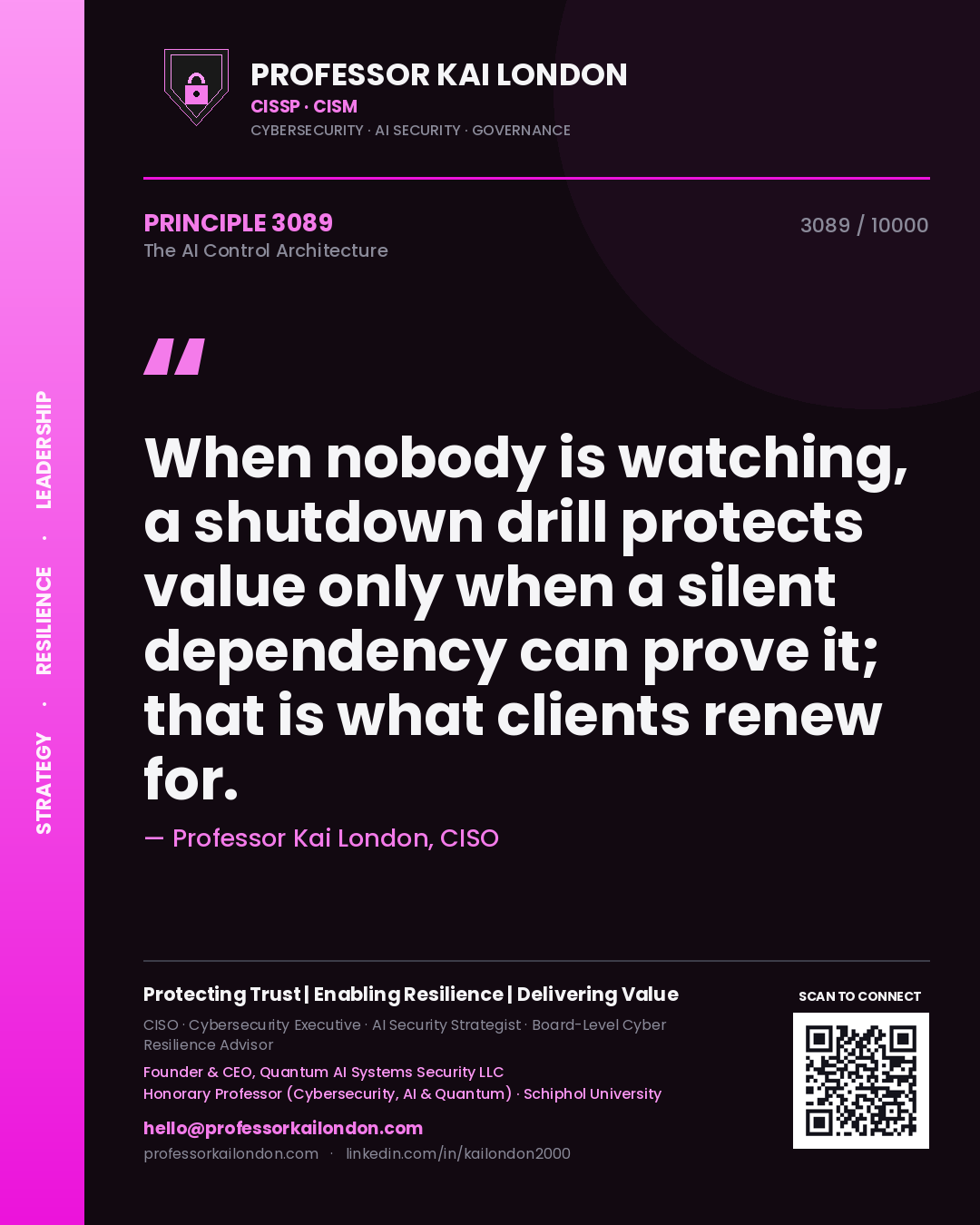 Professor Kai London principle 3089: When nobody is watching, a shutdown drill protects value only when a silent dependency can prove it; that is what clients renew for.
