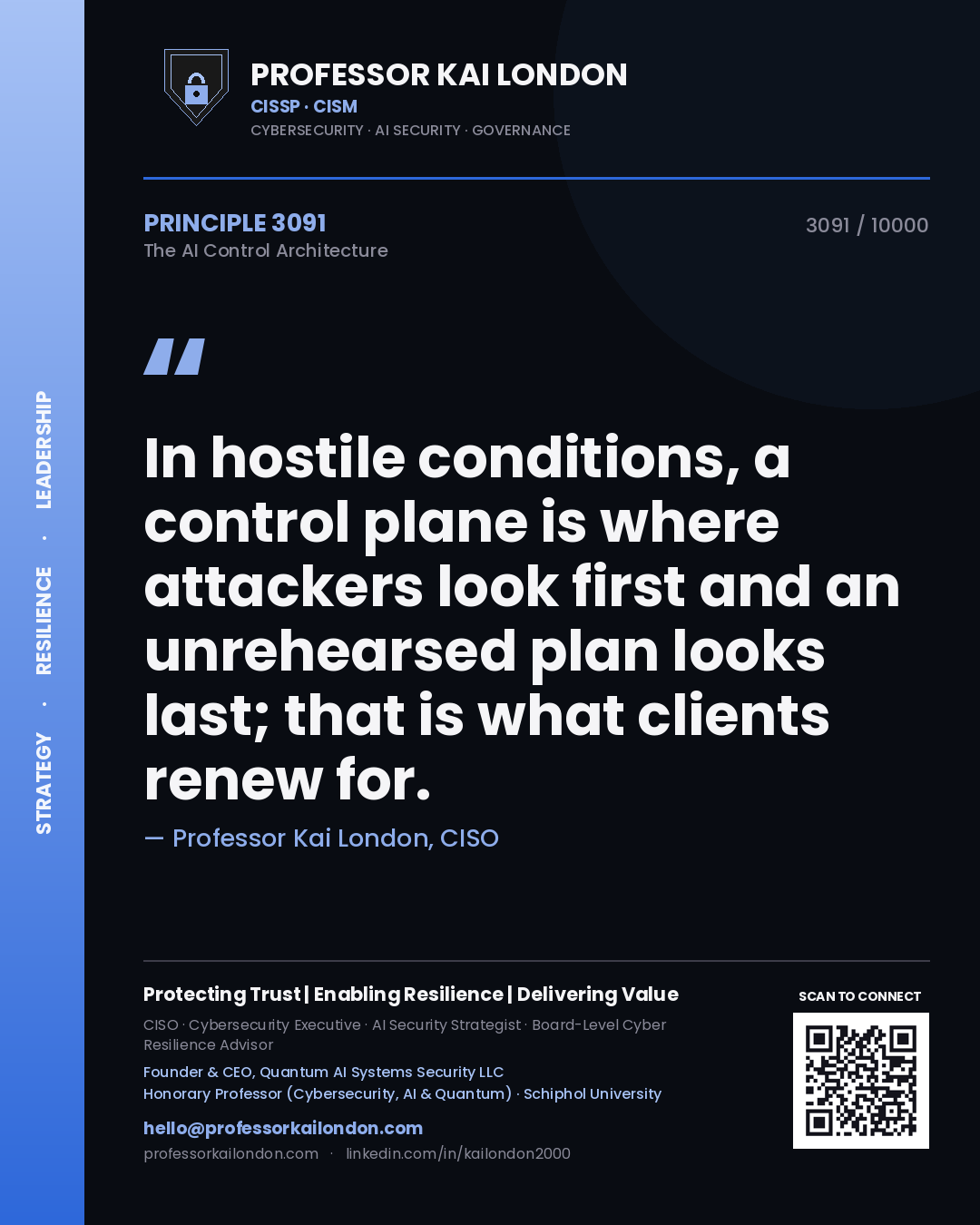 Quote card by Professor Kai London reading 'In hostile conditions, a control plane is where attackers look first and an unrehearsed plan looks last; that is what clients renew for.'. From the book The AI Control Architecture.