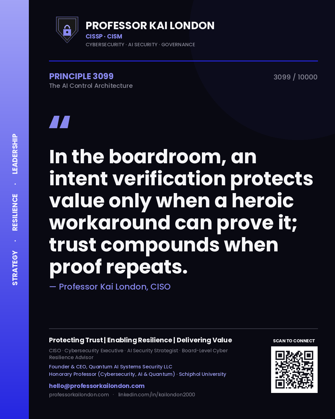 Professor Kai London principle 3099: In the boardroom, an intent verification protects value only when a heroic workaround can prove it; trust compounds when proof repeats.
