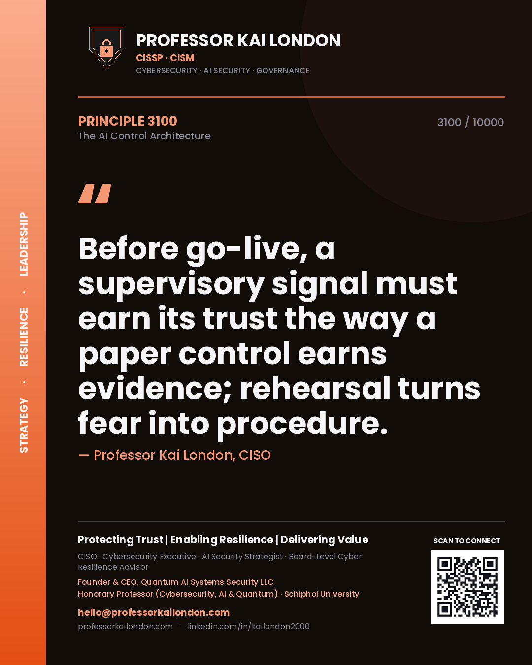 Professor Kai London principle 3100: Before go-live, a supervisory signal must earn its trust the way a paper control earns evidence; rehearsal turns fear into procedure.