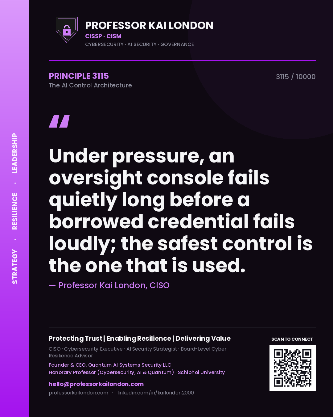 Quote card by Professor Kai London reading 'Under pressure, an oversight console fails quietly long before a borrowed credential fails loudly; the safest control is the one that is used.'. From the book The AI Control Architecture.
