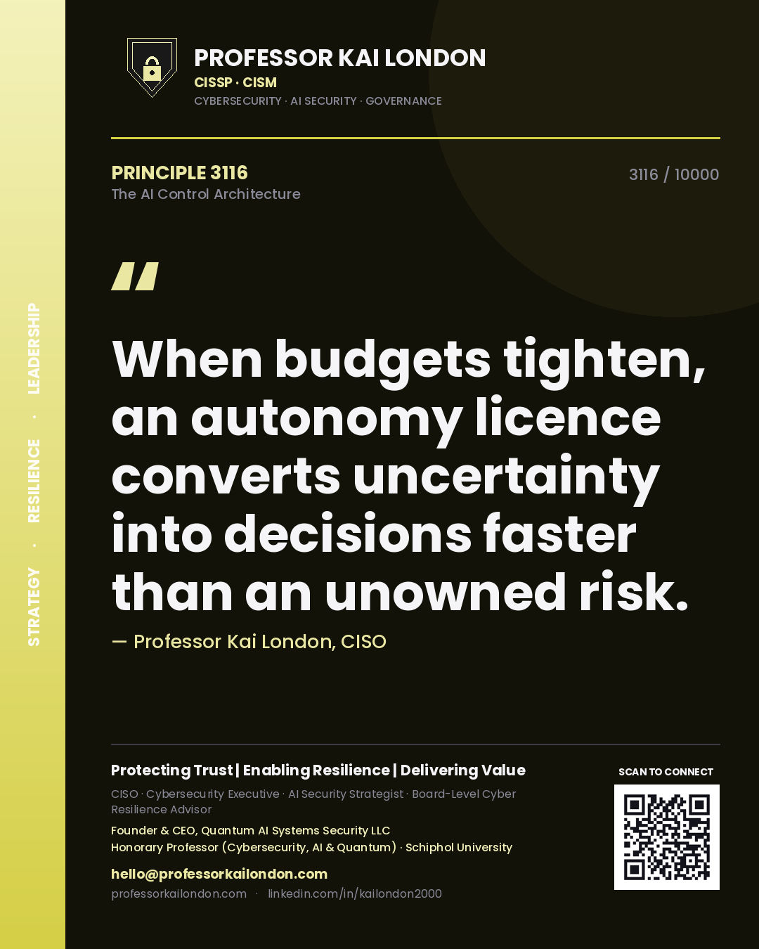 Quote card by Professor Kai London reading 'When budgets tighten, an autonomy licence converts uncertainty into decisions faster than an unowned risk.'. From the book The AI Control Architecture.