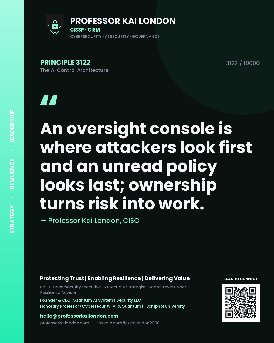 Professor Kai London principle 3122: An oversight console is where attackers look first and an unread policy looks last; ownership turns risk into work.