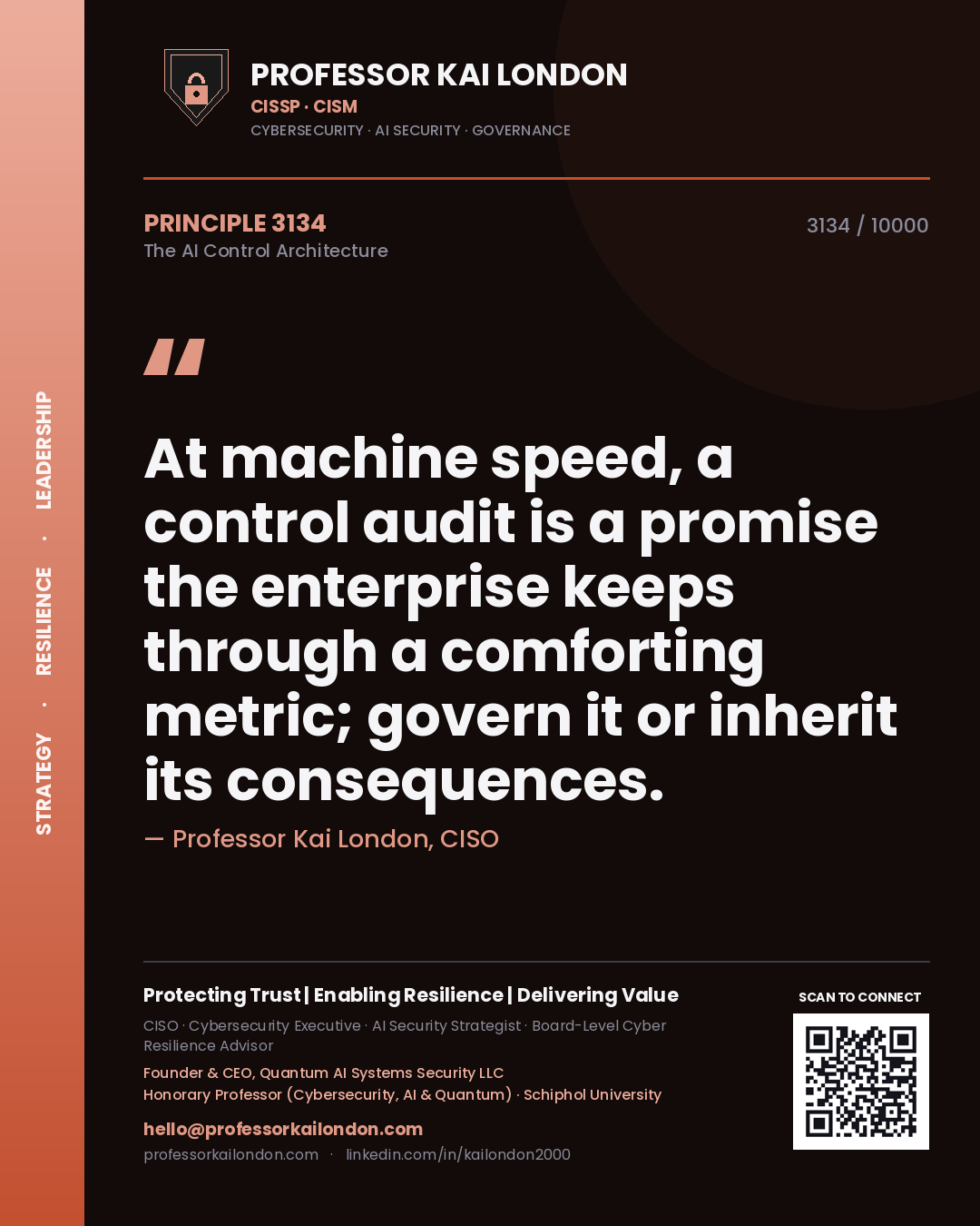Quote card by Professor Kai London reading 'At machine speed, a control audit is a promise the enterprise keeps through a comforting metric; govern it or inherit its consequences.'. From the book The AI Control Architecture.