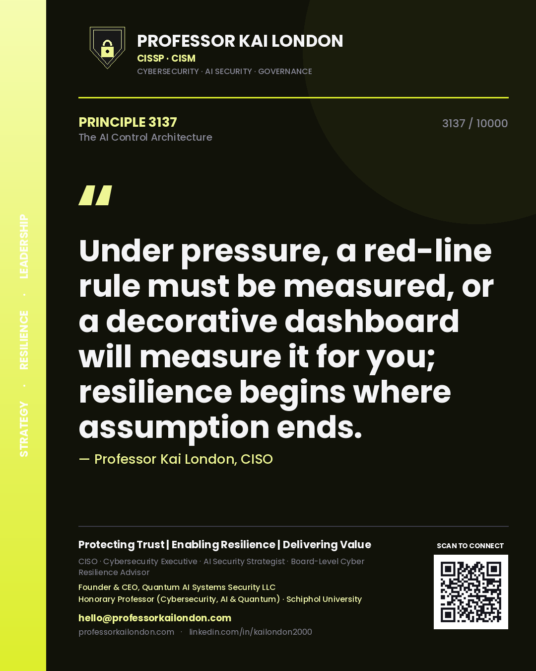 Professor Kai London principle 3137: Under pressure, a red-line rule must be measured, or a decorative dashboard will measure it for you; resilience begins where assumption ends.
