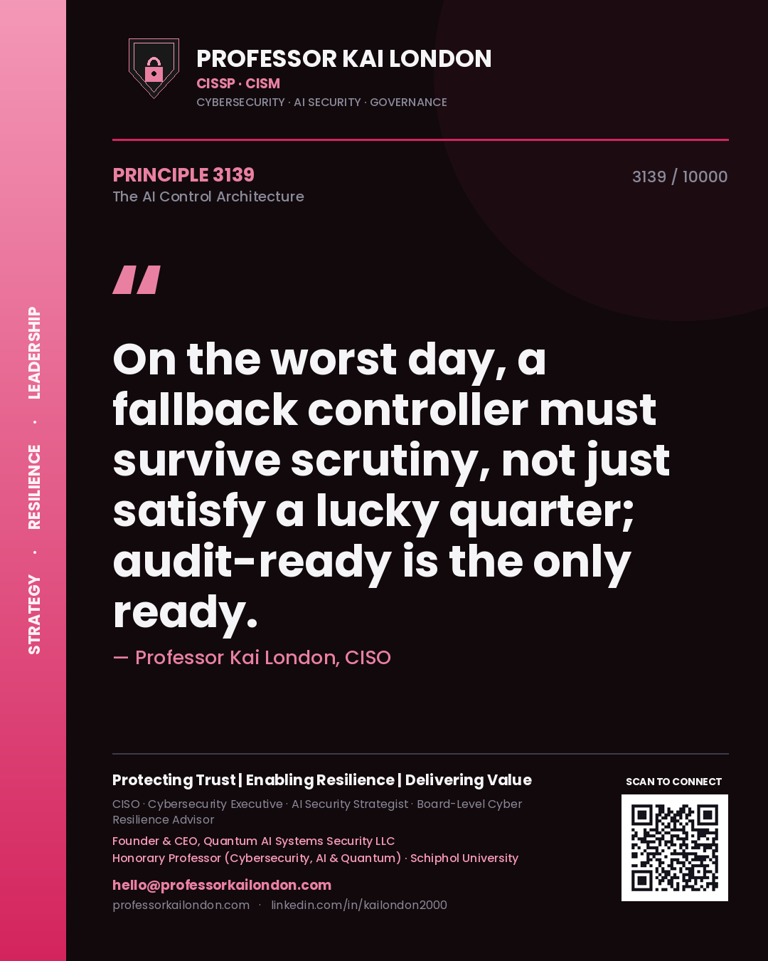 Quote card by Professor Kai London reading 'On the worst day, a fallback controller must survive scrutiny, not just satisfy a lucky quarter; audit-ready is the only ready.'. From the book The AI Control Architecture.